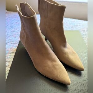 Elegant Tan Suede Ankle Boots with Kitten Heels Sz 6 New